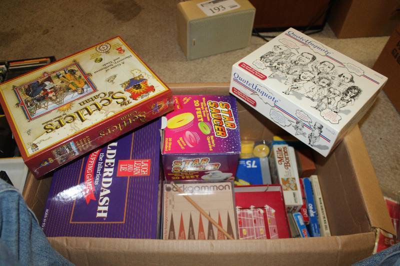 lot 196 image: Box of Board Games Includes Settlers, Balderdash, Mille Bourne, Skip-bo, And More