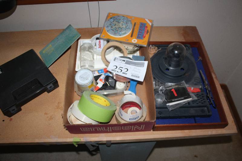 lot 252 image: Lot of (2) Boxes of Misc Includes Tape, Glue, Como Drills Multi-Tool w Case