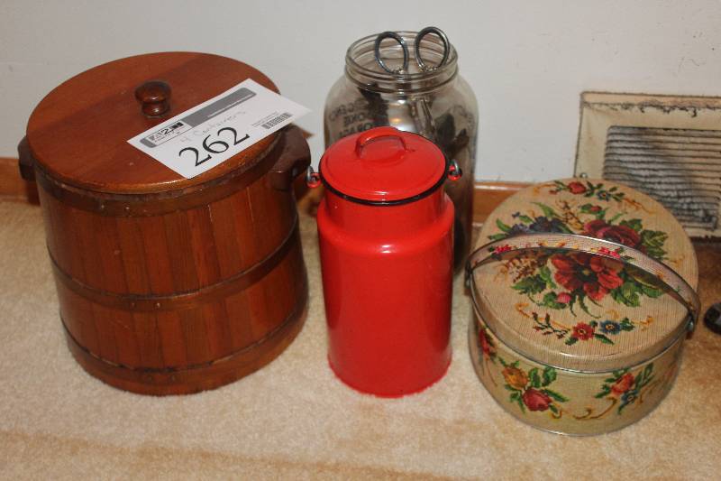lot 262 image: Lot of (4) Decorative Buckets, Vases, Tins, Jars
