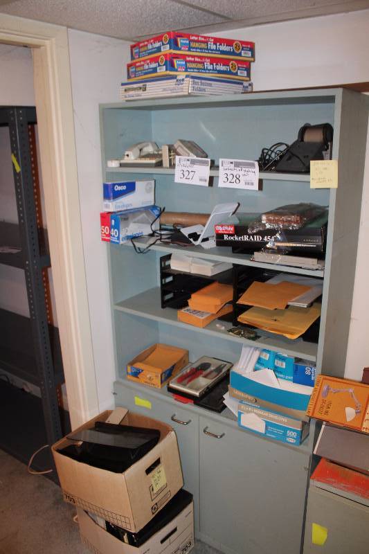 lot 328 image: Contents of Shelving Unit Includes  Office Equipment,  File Folders, Manilla Envelopes, Envelopes, And More