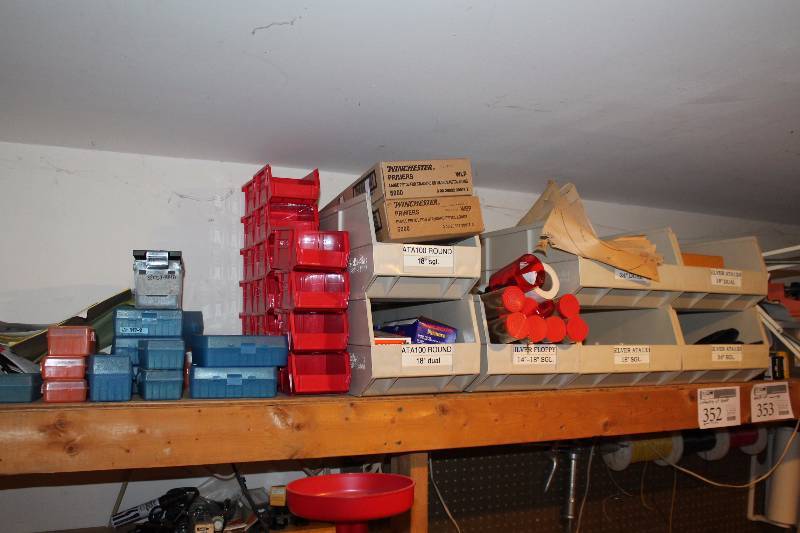 lot 352 image: Plastic Ammo Cases, Plastic Organizer Bins, Plastic Tubes, Paper Products