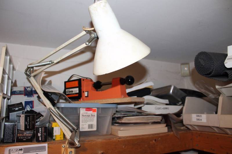 lot 353 image: Desk Lamp, Gun Ammo Reloading Equipment, Plastic Storage Bins, Books