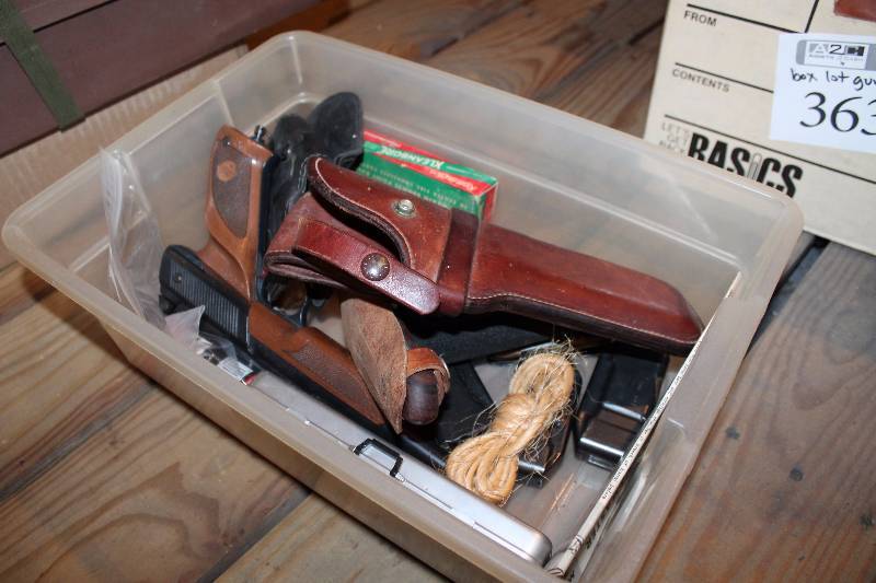 lot 269 image: Box Lot of Gun Accessories, Guns, Holsters, Knifes, Mags, BB Gun