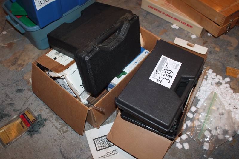 lot 349 image: Lot of (2) Boxes of Gun Cases & Gun Ammo Reloading Accessories
