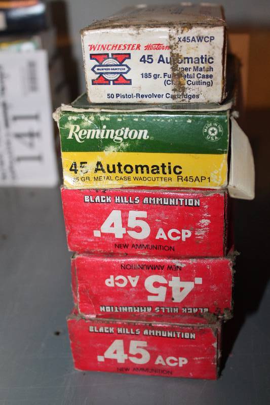 lot 140 image: Lot of (Approximately 250) Mixed .45 ACP Rounds Gun Ammo Includes Remington, Winchester, Black Hills