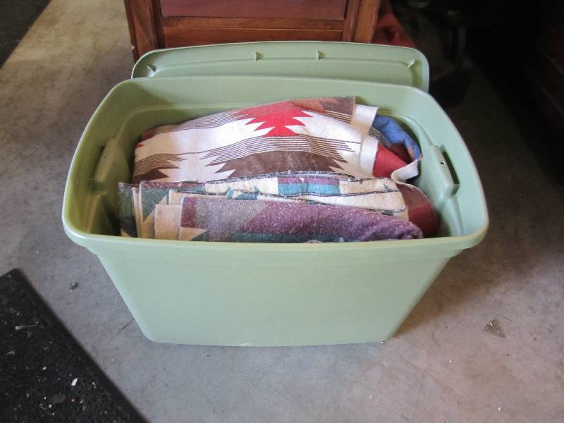 lot 247 image: Tote with Lid Full of Blankets....