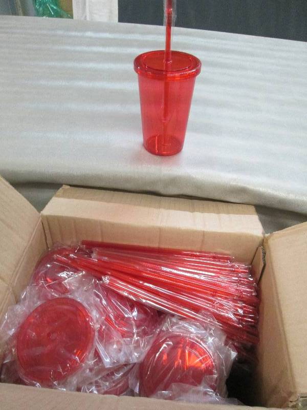 lot 225 image: Case of 54 Red Plastic Tumblers wit...