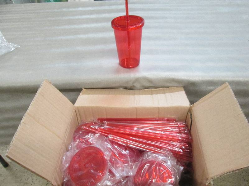 lot 226 image: Case of 54 Red Plastic Tumblers wit...