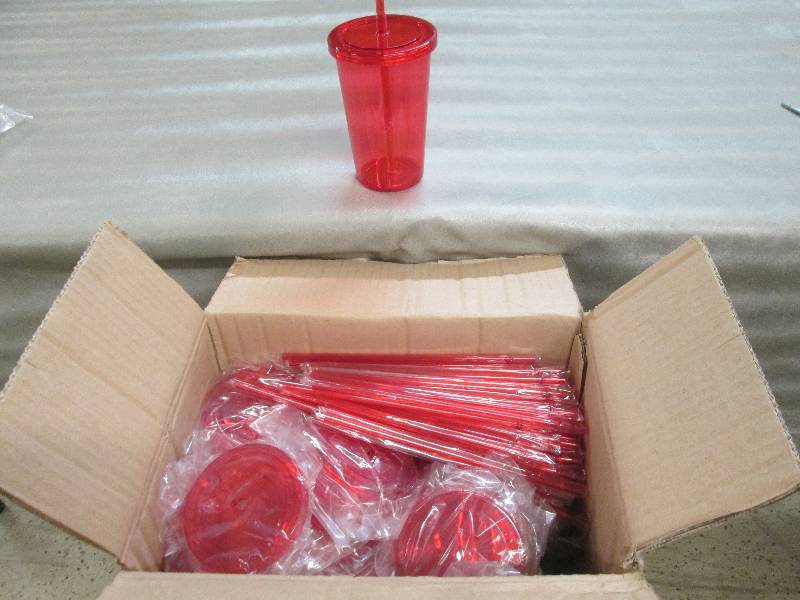lot 227 image: Case of 54 Red Plastic Tumblers wit...