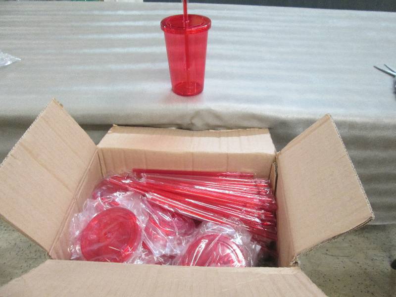 lot 228 image: Case of 54 Red Plastic Tumblers wit...