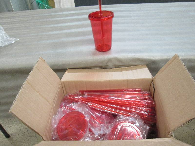 lot 230 image: Case of 54 Red Plastic Tumblers wit...