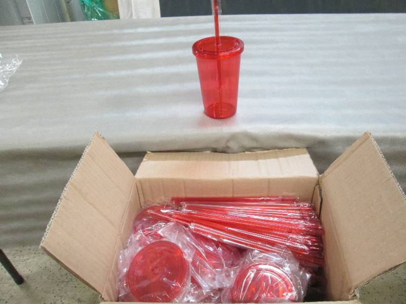 lot 231 image: Case of 54 Red Plastic Tumblers wit...