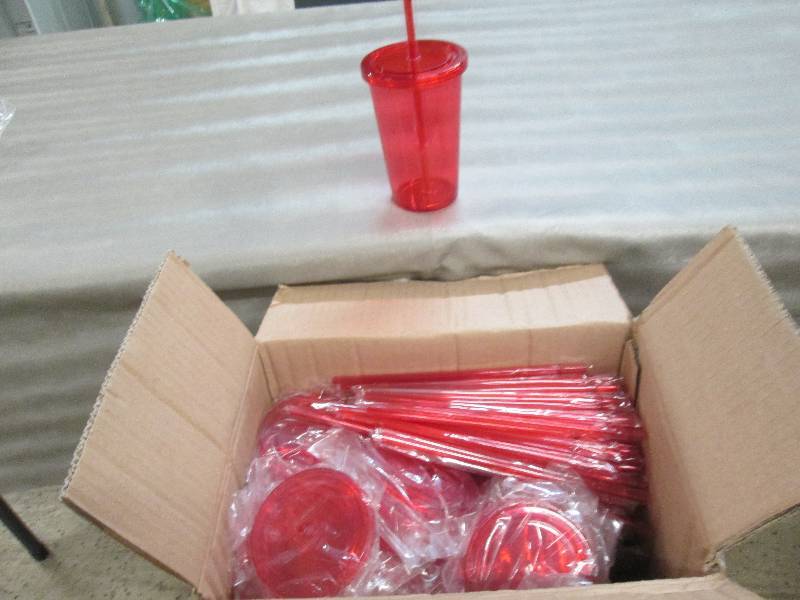 lot 232 image: Case of 54 Red Plastic Tumblers wit...