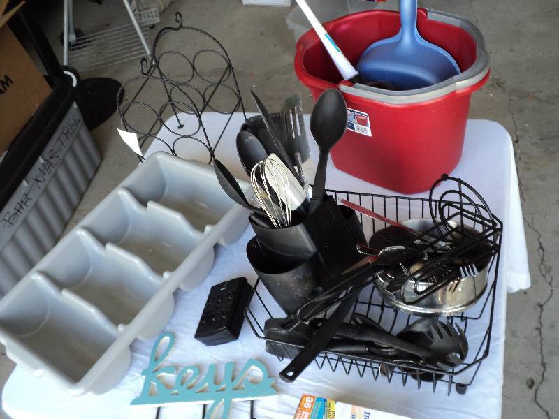 lot 49 image: box of kitchen utilities, pail, etc...