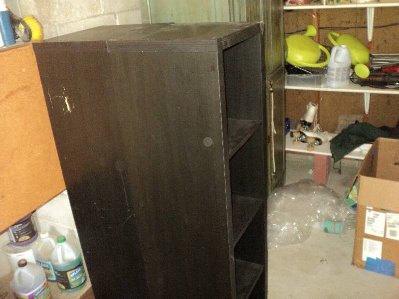 lot 63 image: 2 black display shelves, 1 is damag...