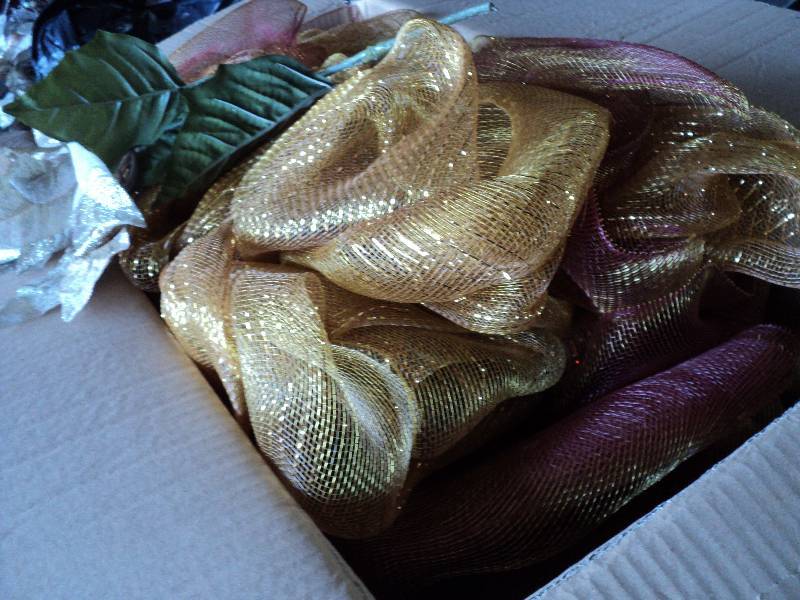 lot 128 image: box of christmas ribbon and ornamen...