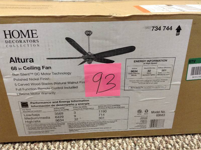 lot 93 image: Home Decorators Altura 68 in indoor Ceiling fan open box not used