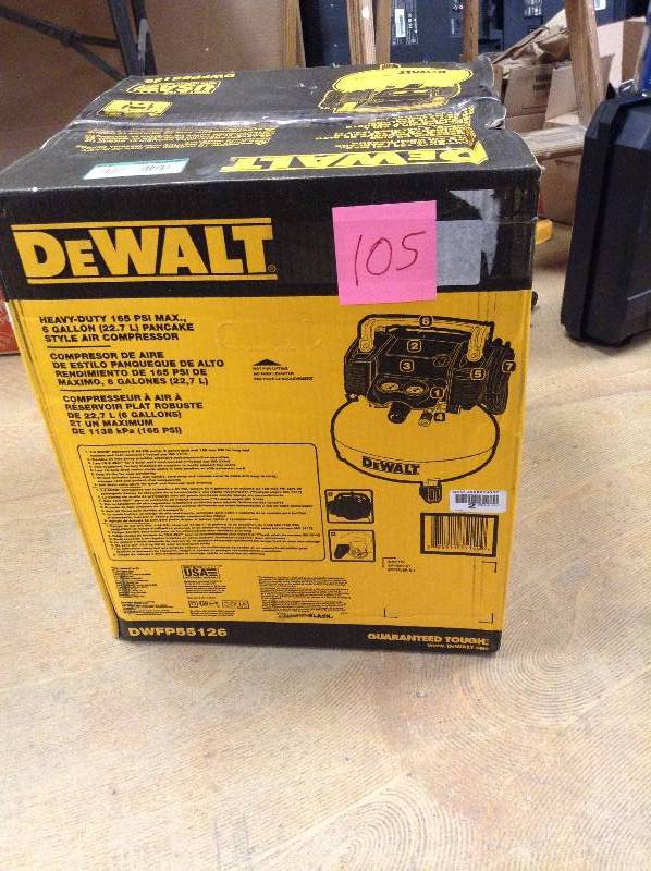 lot 105 image: Dewalt Heavy Duty 165 PSI Pancake Compressor (DWFP55126) not used