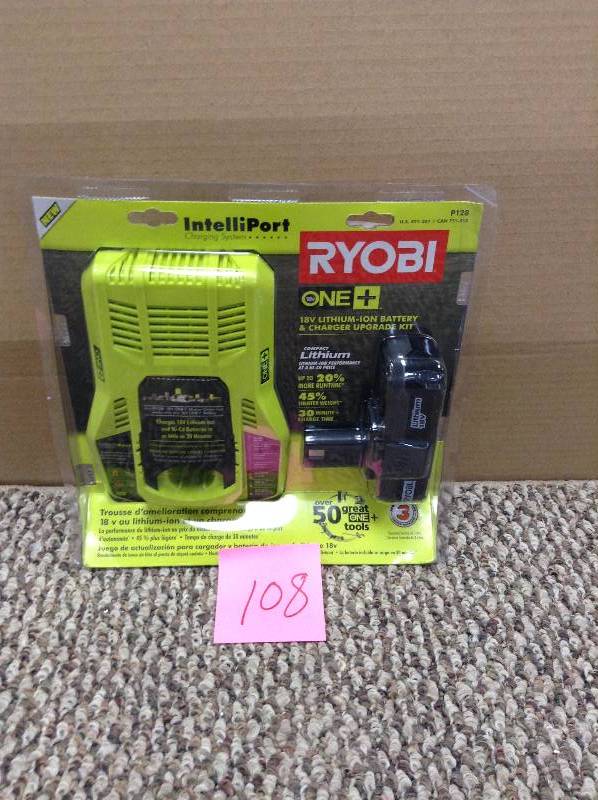 lot 108 image: Ryobi ONE 18-Volt Lithium-Ion Battery and IntelliPort Charger Upgrade Kit