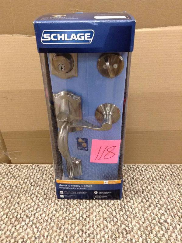 lot 118 image: Schlage F60 V CAM 619 ACC Camelot Handle Set not used