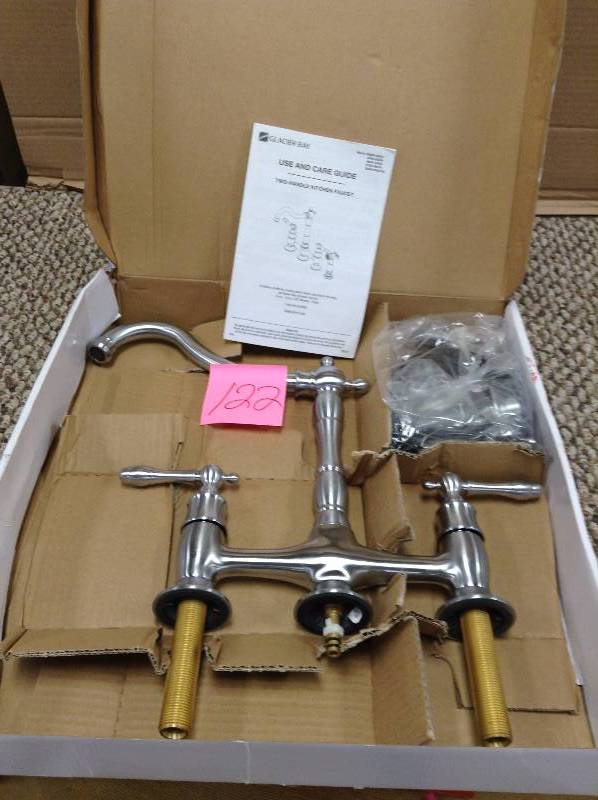 lot 122 image: Glacier Bay Kitchen Faucet Stainless Steel 2 Handle Side Sprayer Sink Double Metal Spout