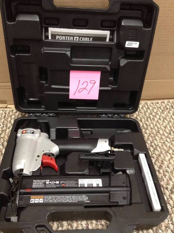 lot 129 image: Porter Cable Porter-Cable Air-Powered Nail Gun For Brad Nails, For 18 ga Nail Gauge, For Stick, For 58 in Min Nail Lg, For Adhesive