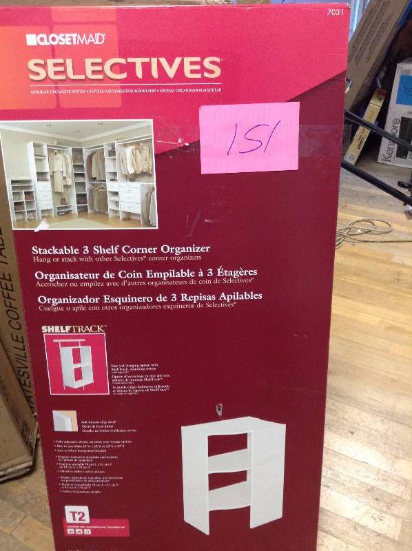 lot 151 image: Closetmaid Stackable 3 Shelf Corner Organizer New