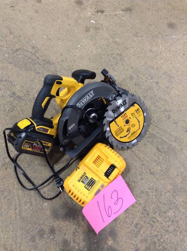 lot 163 image: Dewalt FLEXVOLT 60-Volt MAX Lithium-Ion Cordless Brushless 7-14 in. Circular Saw with Battery 6Ah, 1-Hour Charger DCS575T1 not used