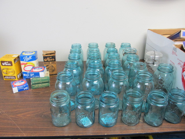 lot 41 image: LARGE Lot of Vintage Blue Glass Canning Jars