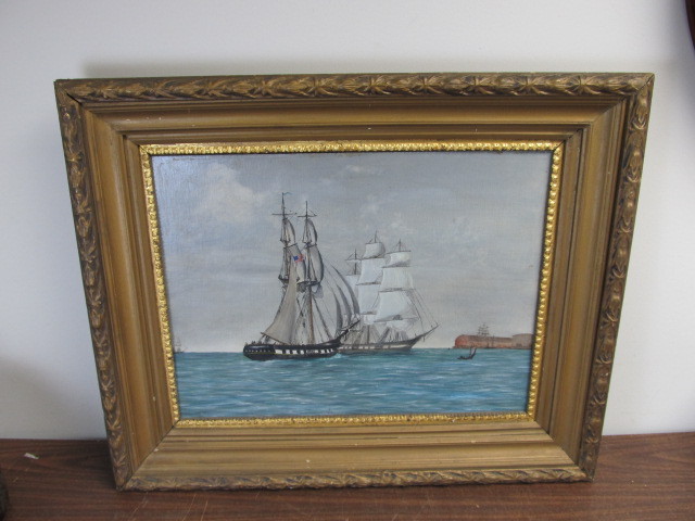 lot 47 image: Vintage Framed Nautical Ship Oil on Canvas Painting