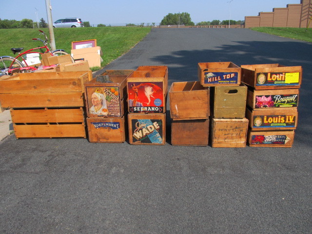 lot 51 image: HUGE Lot of Vintage Primitive Wood Advertising Crates