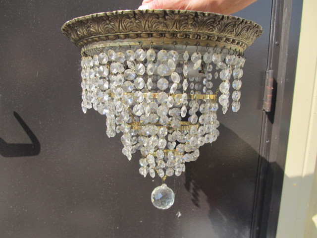 lot 54 image: Vintage Brass & Crystal Prism Hanging Light Fixture