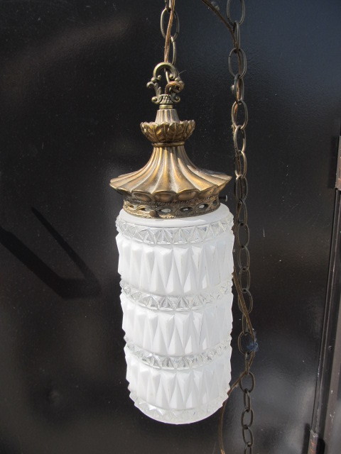 lot 65 image: Vintage Brass & Glass Long Hanging Lamp