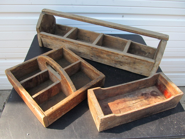 lot 87 image: Group of AntiqueVintage Primitive Wooden Tool Carriers