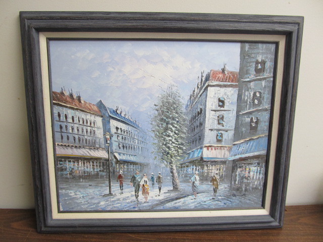lot 92 image: Vintage Framed Signed Street Scene Oil on Canvas Painting