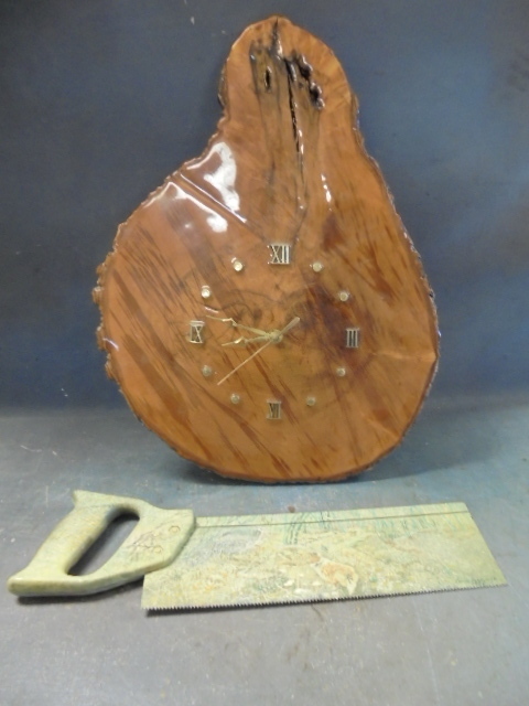 lot 125 image: Painted saw & Wood Clock