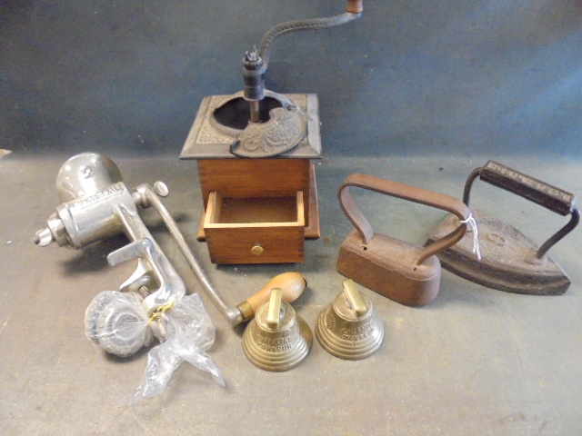 lot 170 image: Antique Meat Grinder, Coffee Grinder, Bells and Irons
