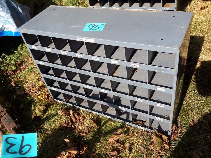 lot 95 image: 40 section pigeon hole parts bin.. Metal