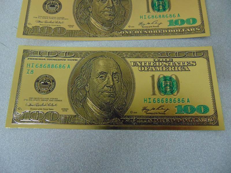 lot 141 image: (3) 24KT 99.9% Pure Gold Plated $100 Dollar Bill Banknote