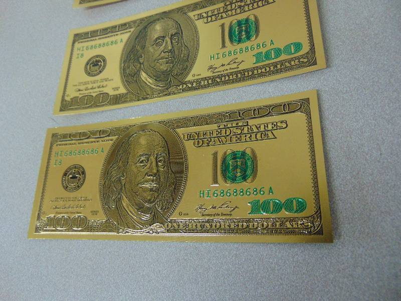 lot 142 image: (3) 24KT 99.9% Pure Gold Plated $100 Dollar Bill Banknote