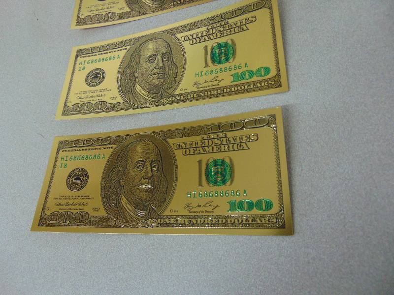 lot 143 image: (3) 24KT 99.9% Pure Gold Plated $100 Dollar Bill Banknote