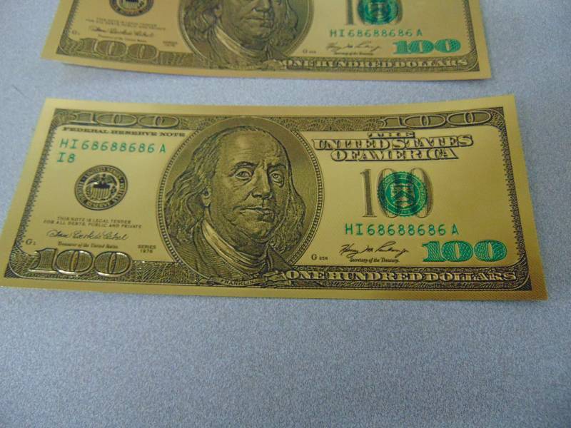 lot 145 image: (3) 24KT 99.9% Pure Gold Plated $100 Dollar Bill Banknote