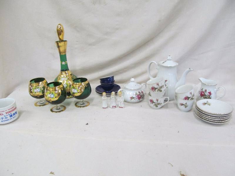lot 154 image: vintage tea set,Liqour bottle, stemmed glasses