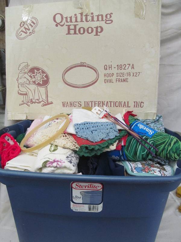lot 173 image: knitting supplies, bath towels, yarn, quilting hoops
