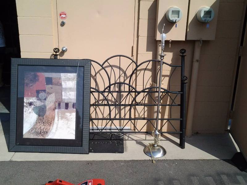 lot 11 image: Black Metal Head & Foot Boards 60 Inches With Framed Picture 36x40, Brushed Nickel Floor Lamp