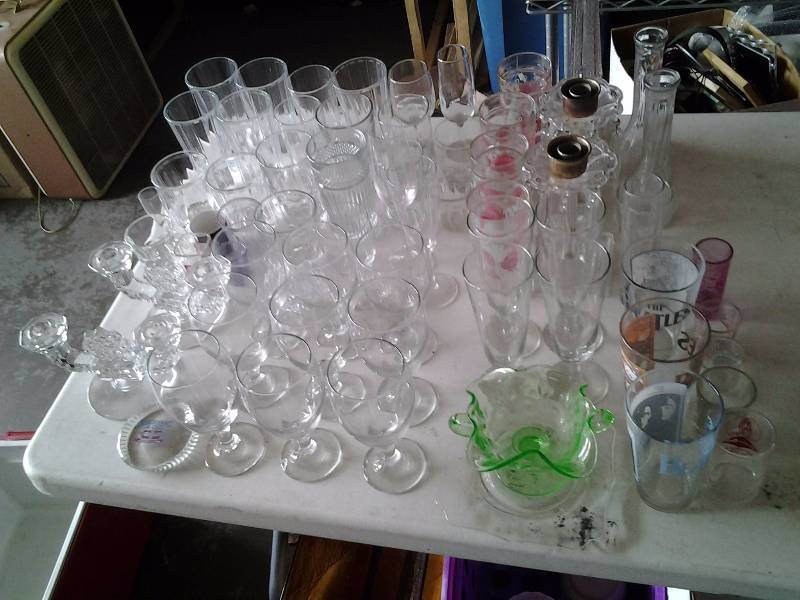 lot 13 image: 4- Boxes With Assorted GlassBake Ware The Beatles, Pilsners, Goblets, Candle Sticks, Pair Of Crystal Lamps & More