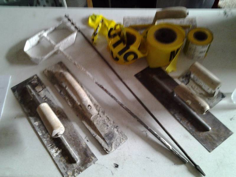 lot 35 image: Trowels, Paddle Mixer, Caution Tape