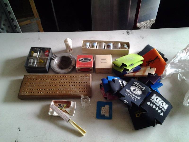 lot 46 image: Can Coozies, shot Glasses, Cribbage Board