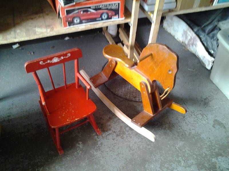 lot 47 image: Wood Rocking Horse Childs Red Rocking Chair