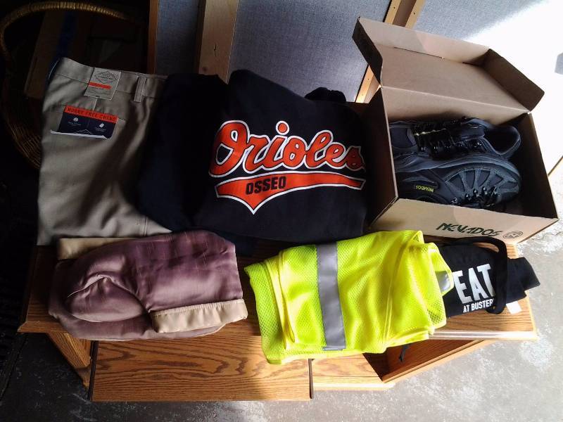 lot 60 image: NEW Mens  Khacki Pants 30x32, Osseo Sweatshirt Size XL, New Pair Nevados Shoes Size 9 12, Safety Vest